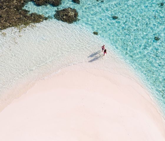 Ariel view of two people walking into the ocean
