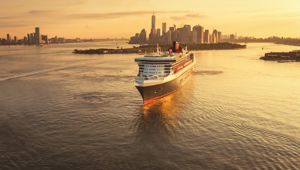 Queen Mary 2 in New York at Sunset