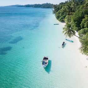 Asia Indonesia Beach Boats Palm Trees Man Walking Sunny