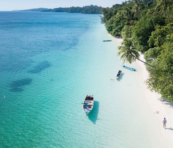 Asia Indonesia Beach Boats Palm Trees Man Walking Sunny