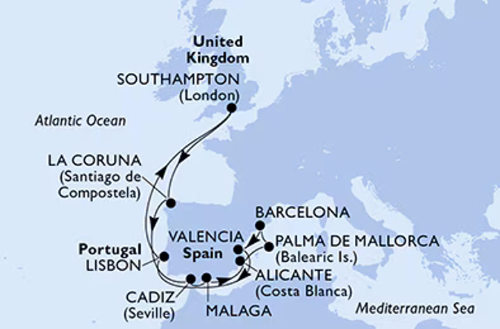 Barcelona to United Kingdom Map