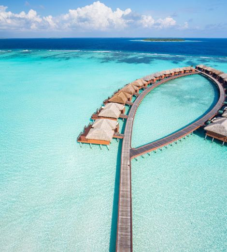 Ariel view of overwater bungalows