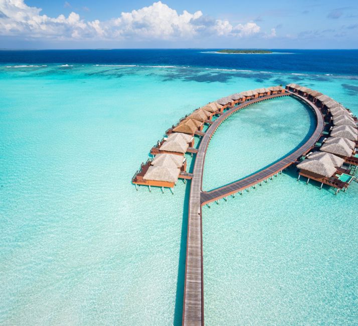 Ariel view of overwater bungalows