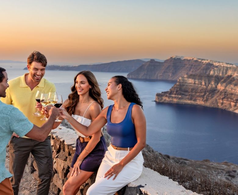 Venetsanos Winery, friends, drinks, wine, Megalochori Village, Santorini, Greece, Europe, lifestyle