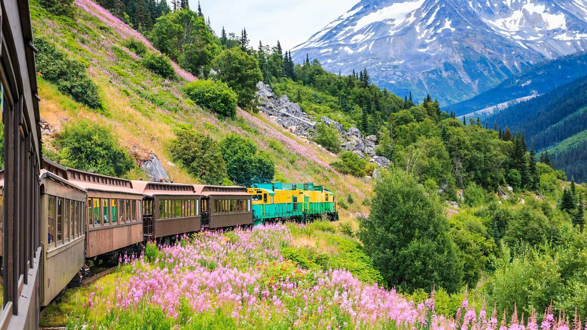 Vintage Rail Car White Pass Yukon Route Bridal Veil Falls, Skagway, Alaska