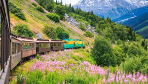 Vintage Rail Car White Pass Yukon Route Bridal Veil Falls, Skagway, Alaska