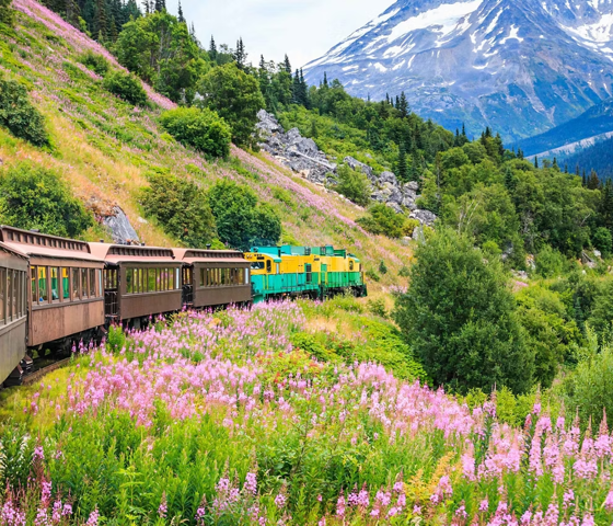 Vintage Rail Car White Pass Yukon Route Bridal Veil Falls, Skagway, Alaska